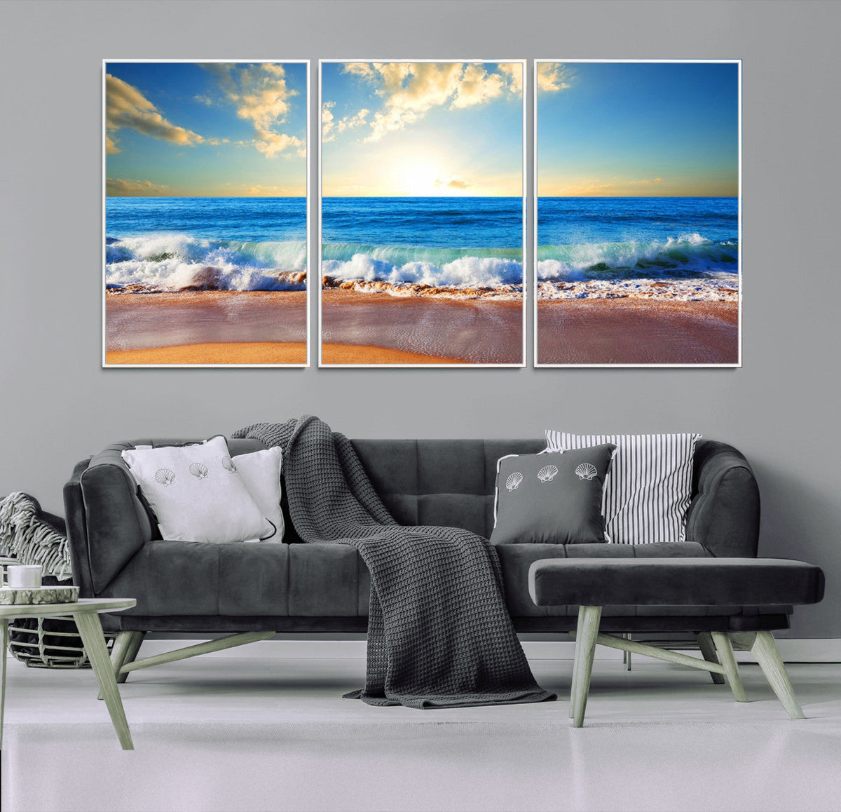 Tropical Beach Sunset Canvas Art, Ocean Waves and Sandy