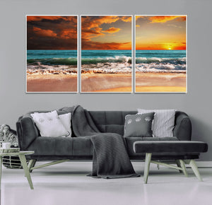 Golden Sunset Beach Canvas Wall Art – Triptych Seascape