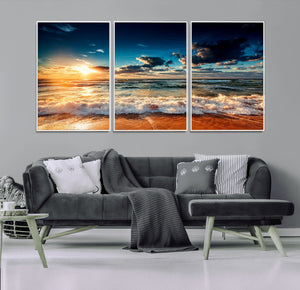 Golden Hour Sunset Over Ocean Waves Wall Art Canvas Print |