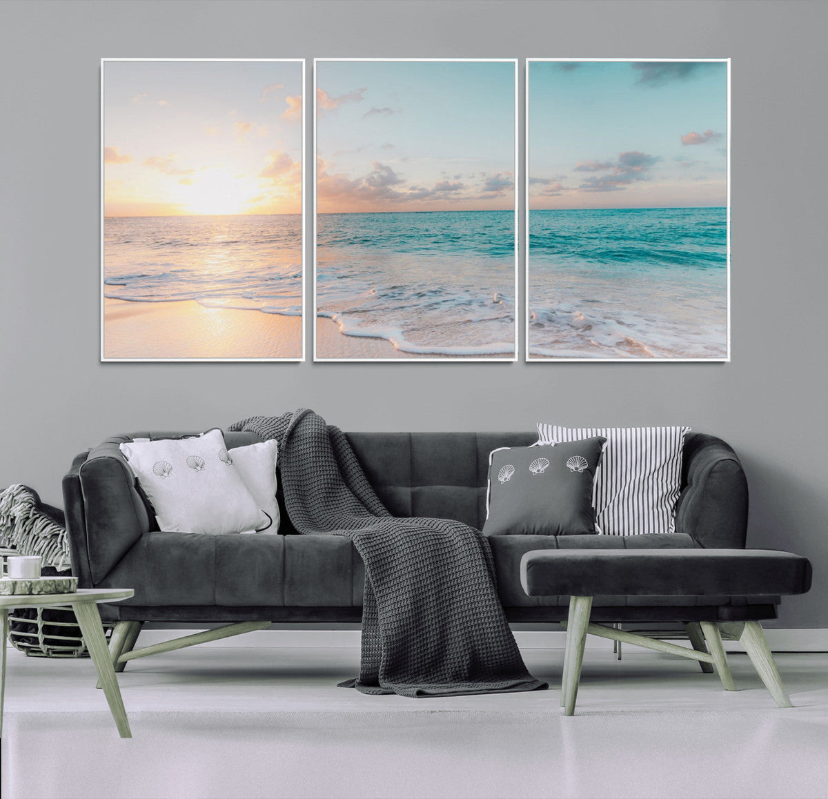 Tranquil Ocean Beach Sunset Canvas Wall Art | 3-Panel