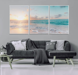 Tranquil Ocean Beach Sunset Canvas Wall Art | 3-Panel
