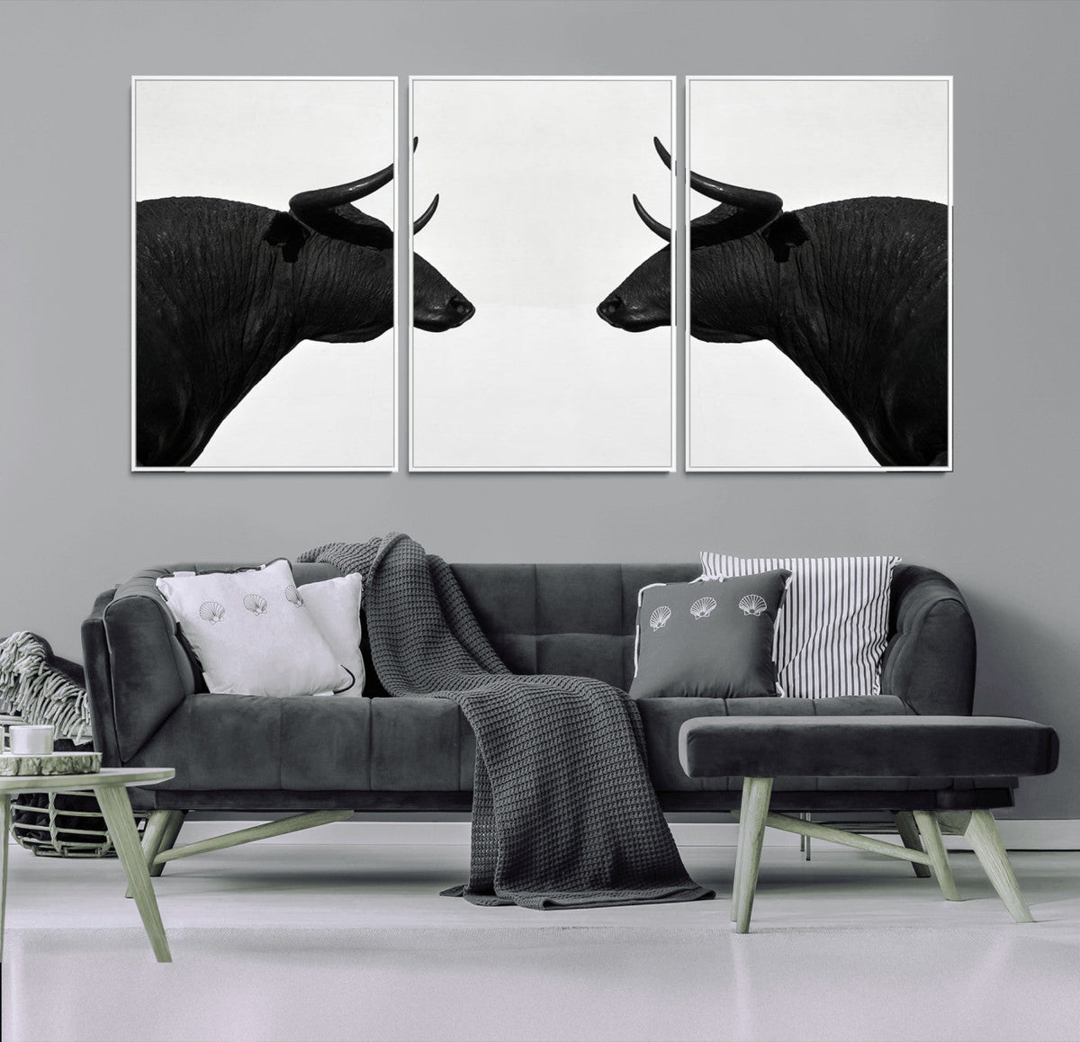Spanish Bull Art - Framed Black and White Bull Canvas Print