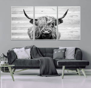 Scottish Highland Cow Cattle Art Print on Wood Background