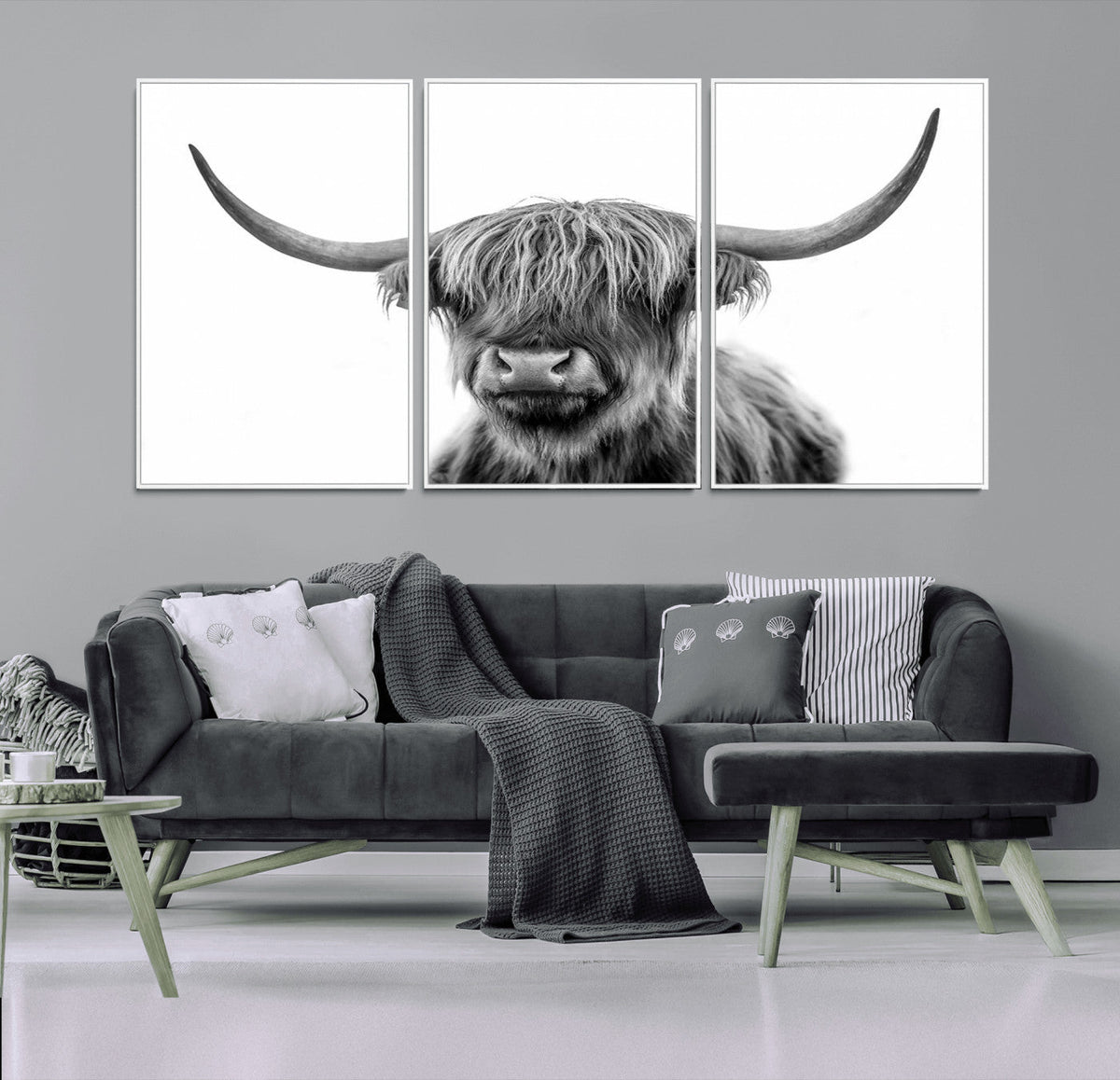 Grayscale Scottish Highland Cow Cattle Art Print Farmhouse
