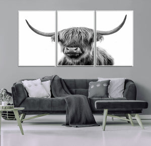 Grayscale Scottish Highland Cow Cattle Art Print Farmhouse