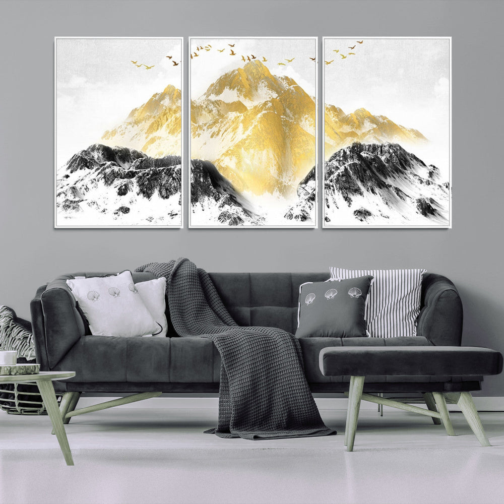 Golden Mountain Triptych Wall Art Canvas Print, Modern