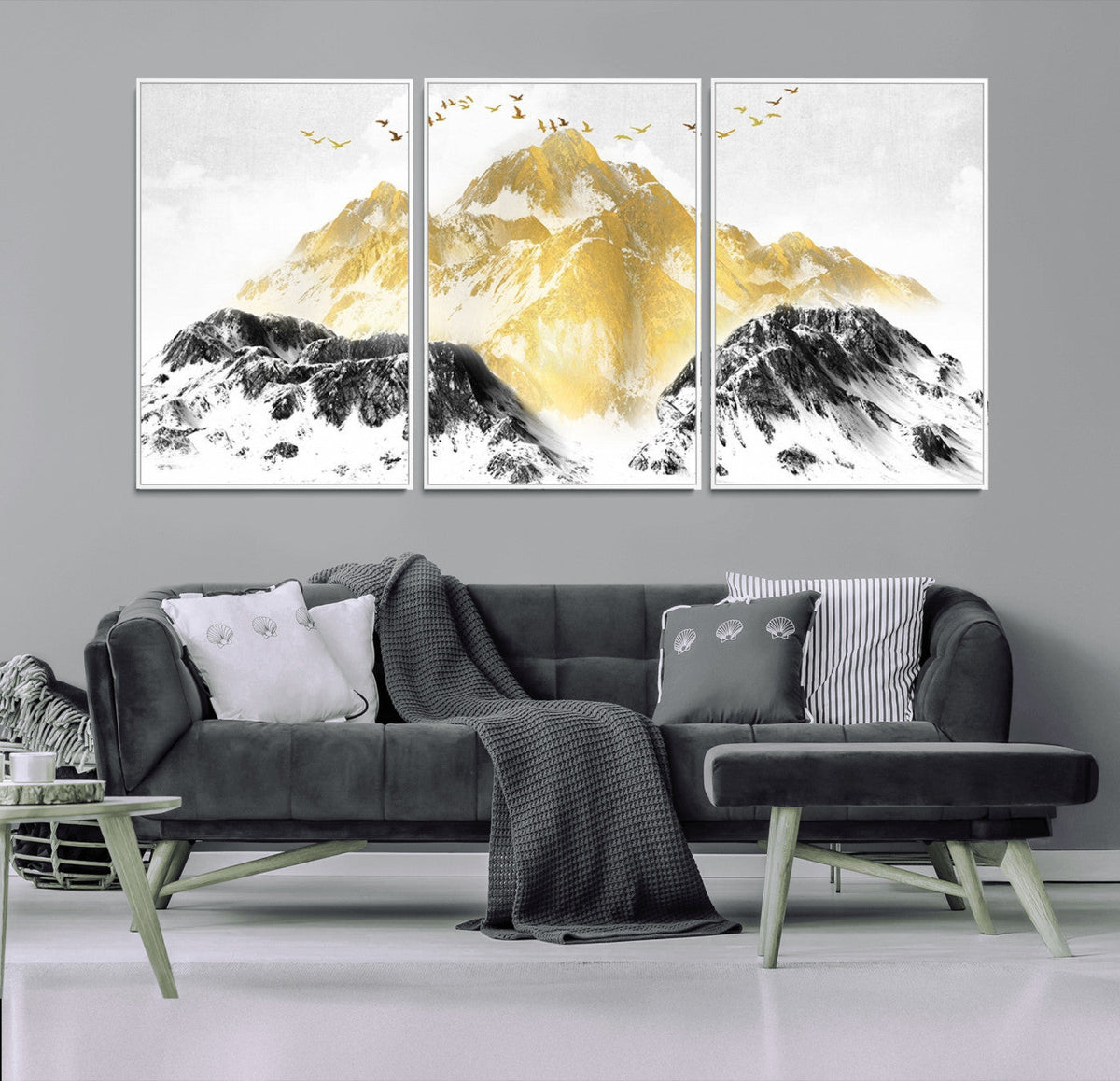 Golden Mountain Triptych Wall Art Canvas Print, Modern