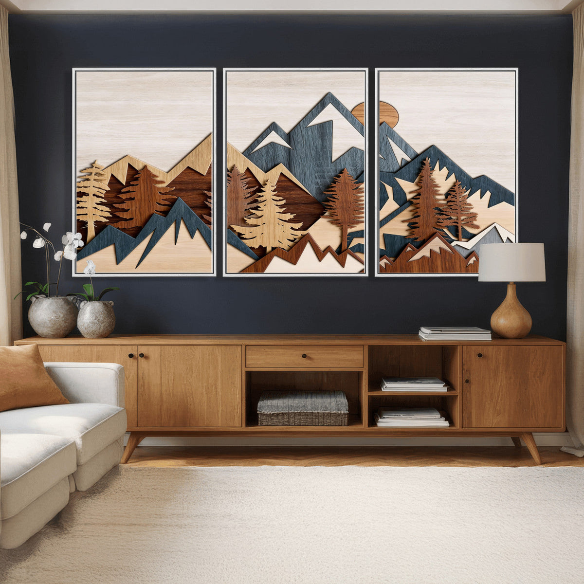 Woodland Mountain Landscape Triptych, Giclee Canvas Art for