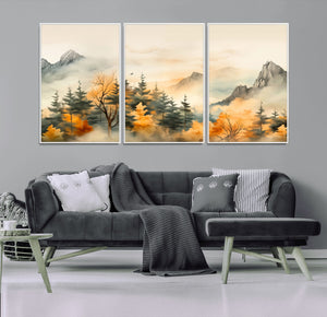 Abstract Watercolor Mountains and Trees Autumn Art,