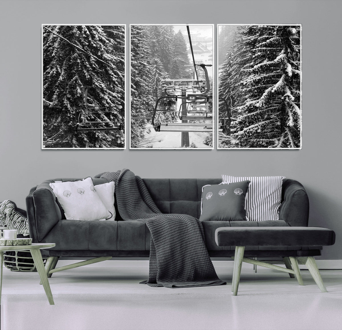 Winter Ski Lift Black and White Canvas Wall Art – Alpine