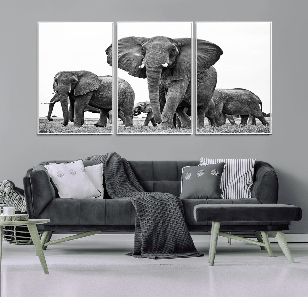 Black White Elephant Family Wall Art Canvas Print