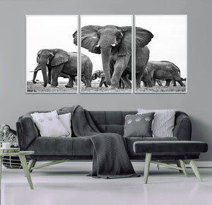 Black White Elephant Family Wall Art Canvas Print