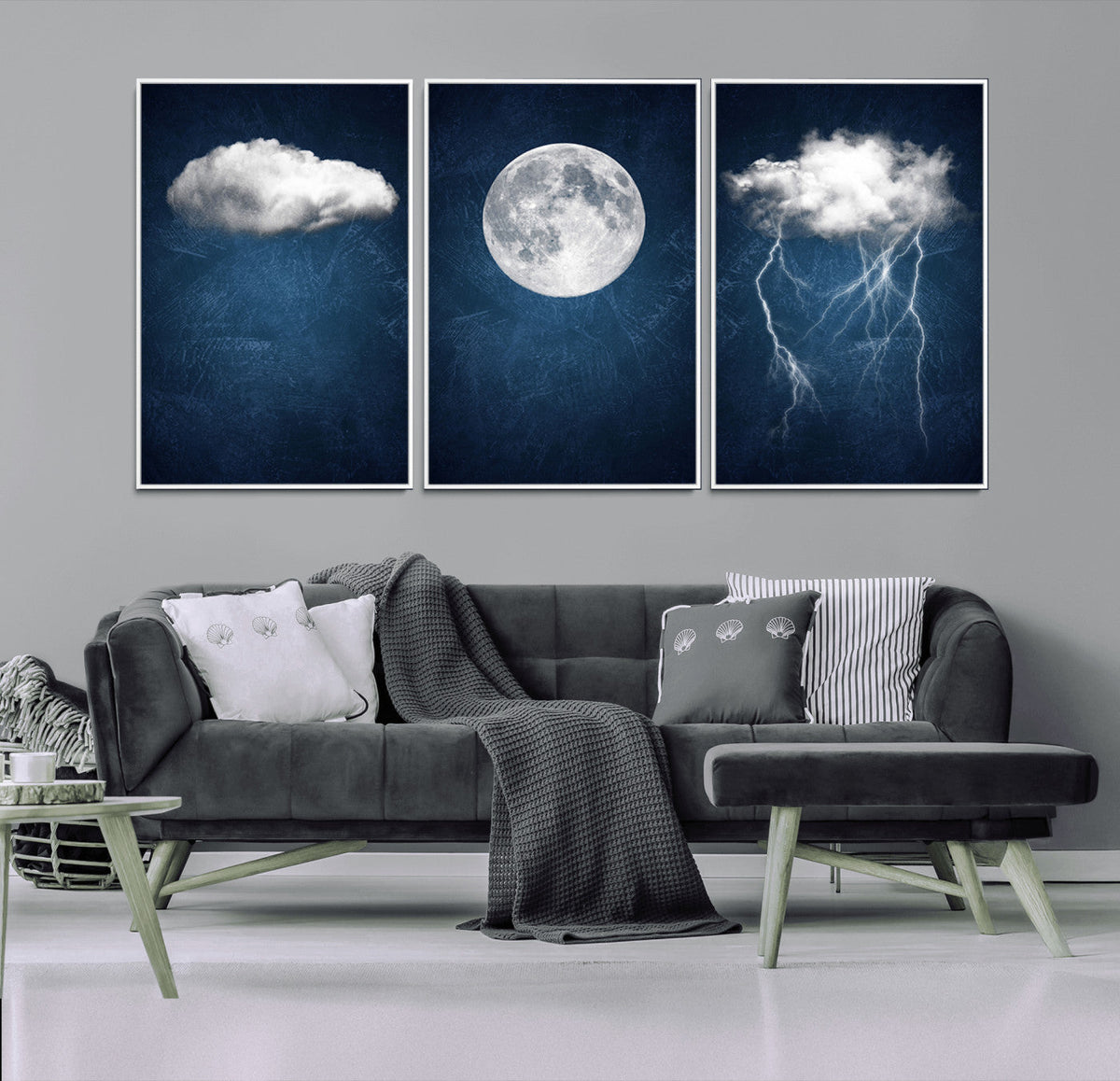 Dark Blue Cloud Art, 3 Piece Indigo Blue Wall Art, Aesthetic