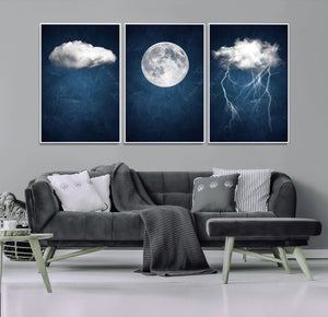 Dark Blue Cloud Art, 3 Piece Indigo Blue Wall Art, Aesthetic