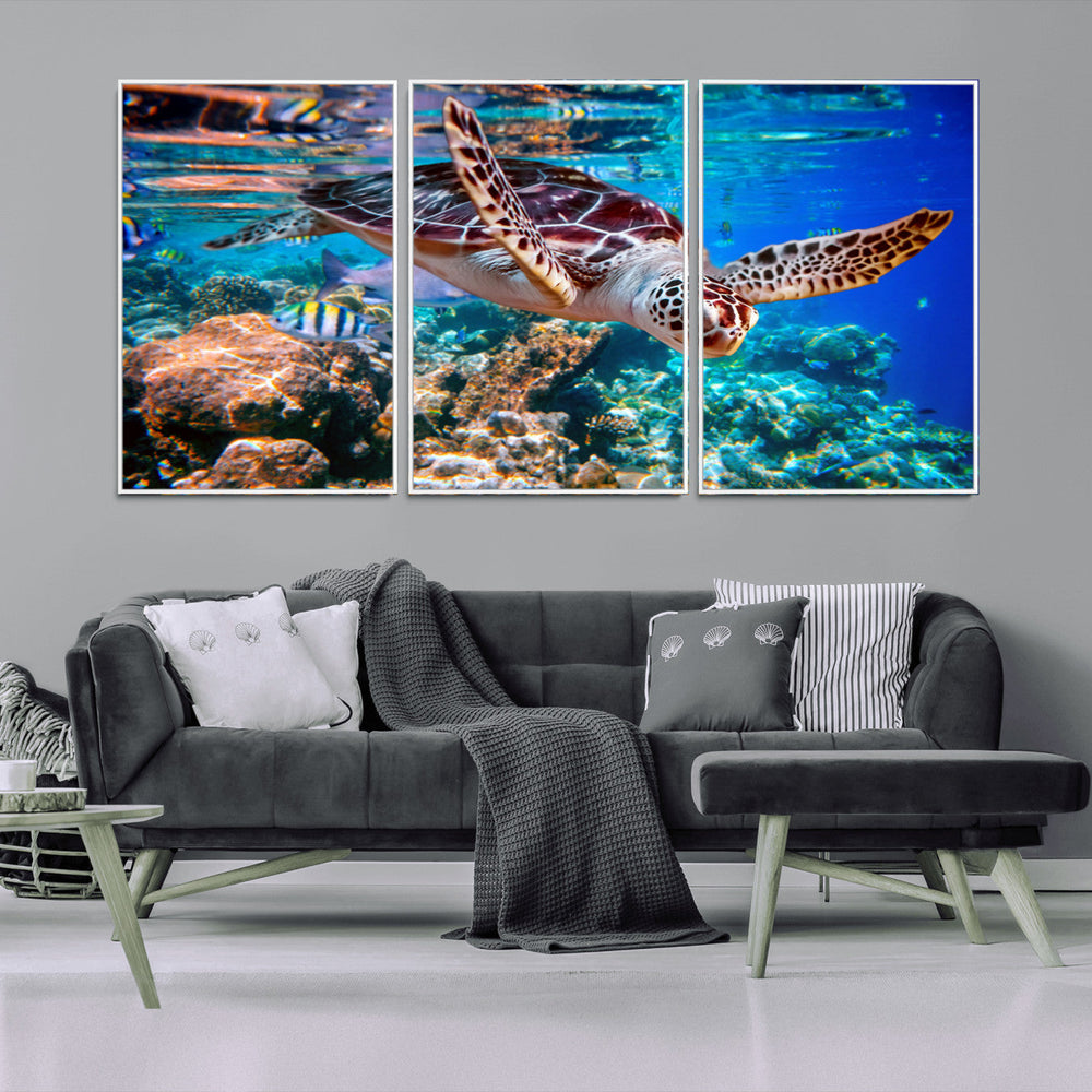 Underwater Coral Reef Sea Turtle Wall Art Canvas Print,