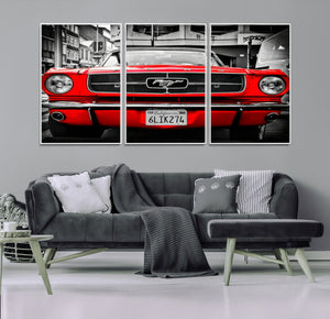 Red Mustang Car Wall Art – Framed Classic Vehicle Canvas