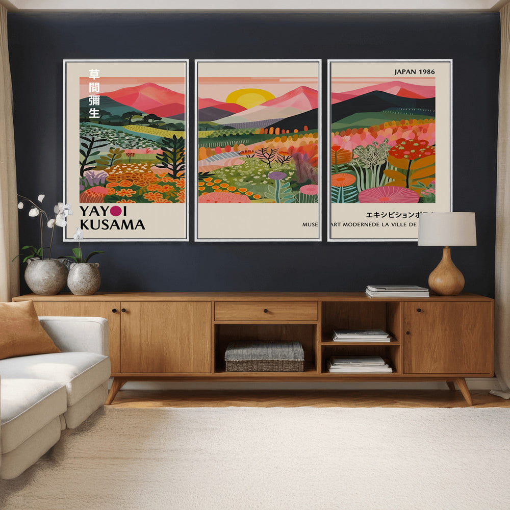Yayoi Kusama Landscape Canvas Print, Vibrant Floral Mountain Art Print, Framed Botanical Wall Art -