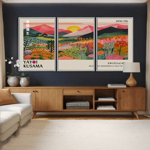 Yayoi Kusama Landscape Canvas Print, Vibrant Floral Mountain Art Print, Framed Botanical Wall Art -