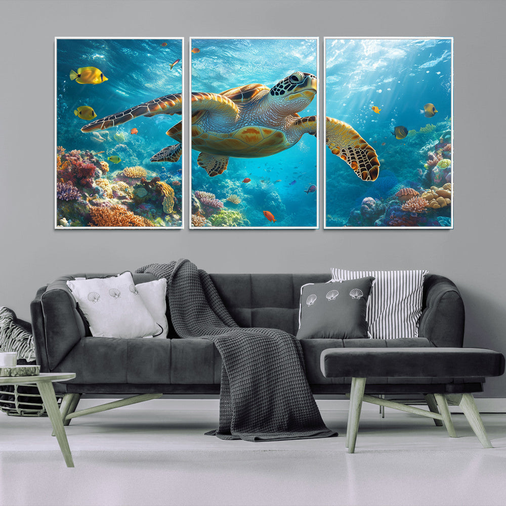 Sea Turtle Underwater Canvas Wall Art Print - Vibrant Ocean