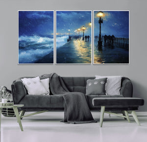 Storm Ocean Pier Canvas Wall Art Print - Large Moody Night