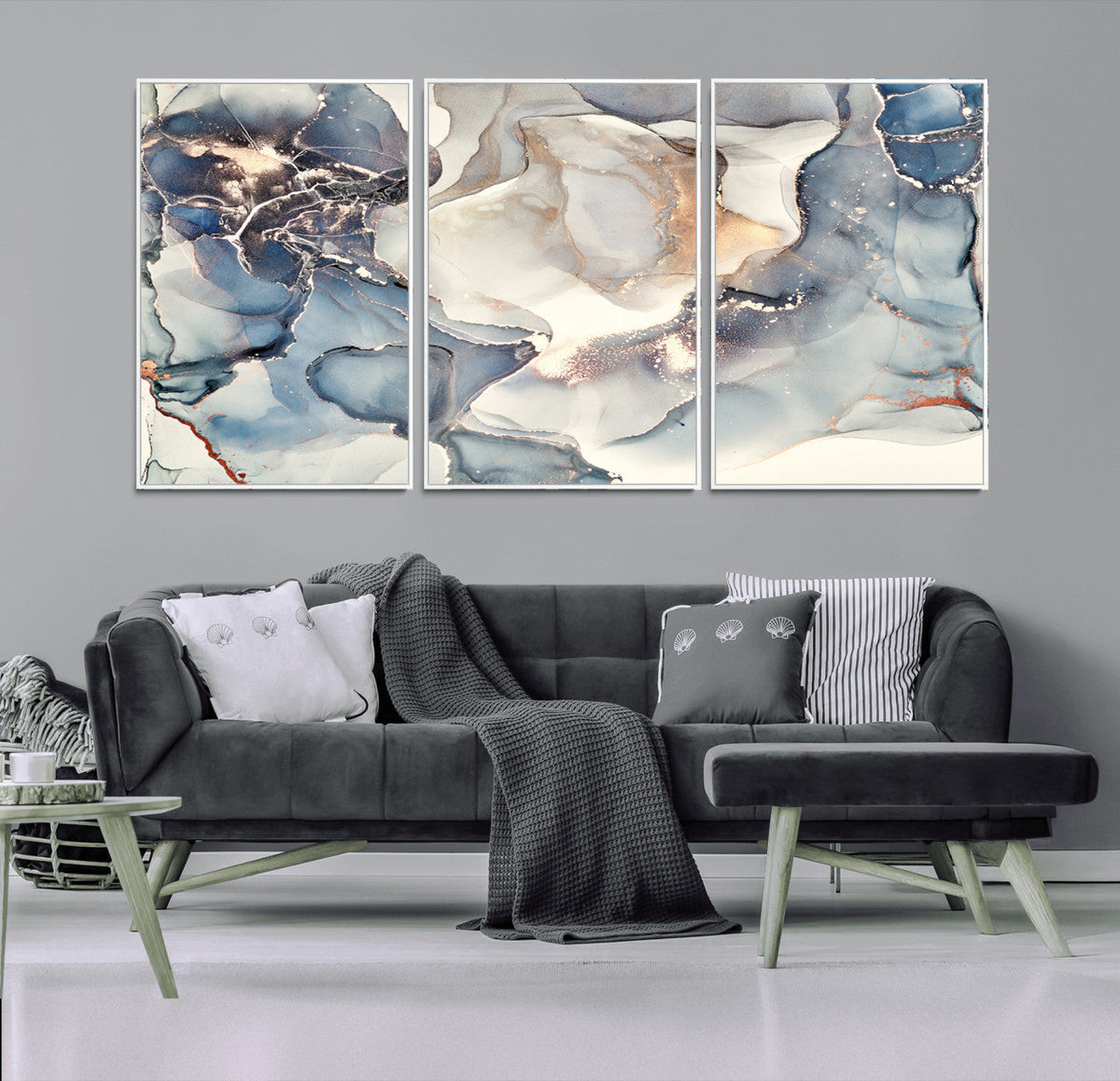 Abstract Blue and Gold Canvas Wall Art - Fluid Modern Ink