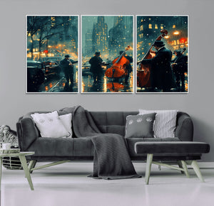 Urban Night Jazz Wall Art Canvas Print – Moody Rain-Soaked