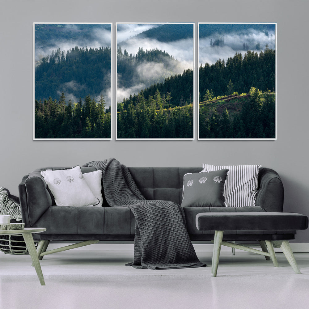 Misty Forest Wall Art Canvas Print – Pine Hills Foggy Trees