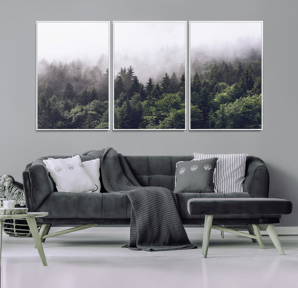 Misty Forest Wall Art Canvas Print, Serene Foggy Pines and