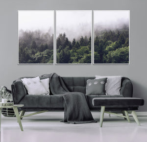 Misty Forest Wall Art Canvas Print, Serene Foggy Pines and