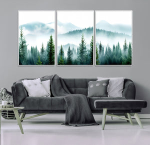 Pine Forest Wall Art Canvas Print – Misty Mountains Foggy
