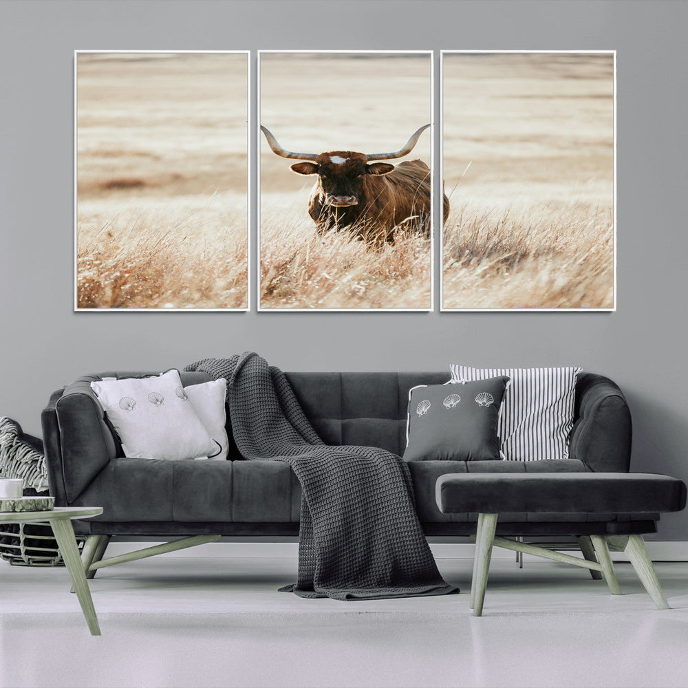 Texas Longhorn Wall Art Canvas Print – Framed Brown Horned