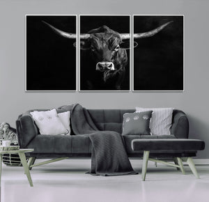 Texas Longhorn Wall Art Canvas Print – Framed Monochrome