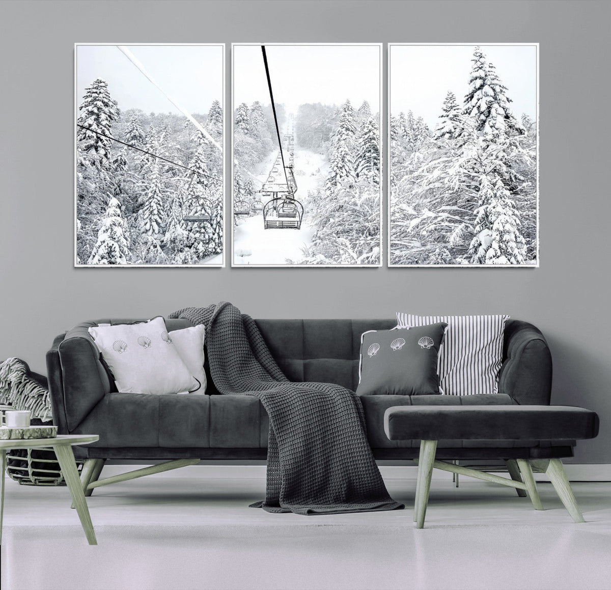 Snowy Ski Lift Wall Art – Framed Winter Mountain Canvas