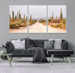 Desert Cactus Lined Road Wall Art Canvas Print – Framed