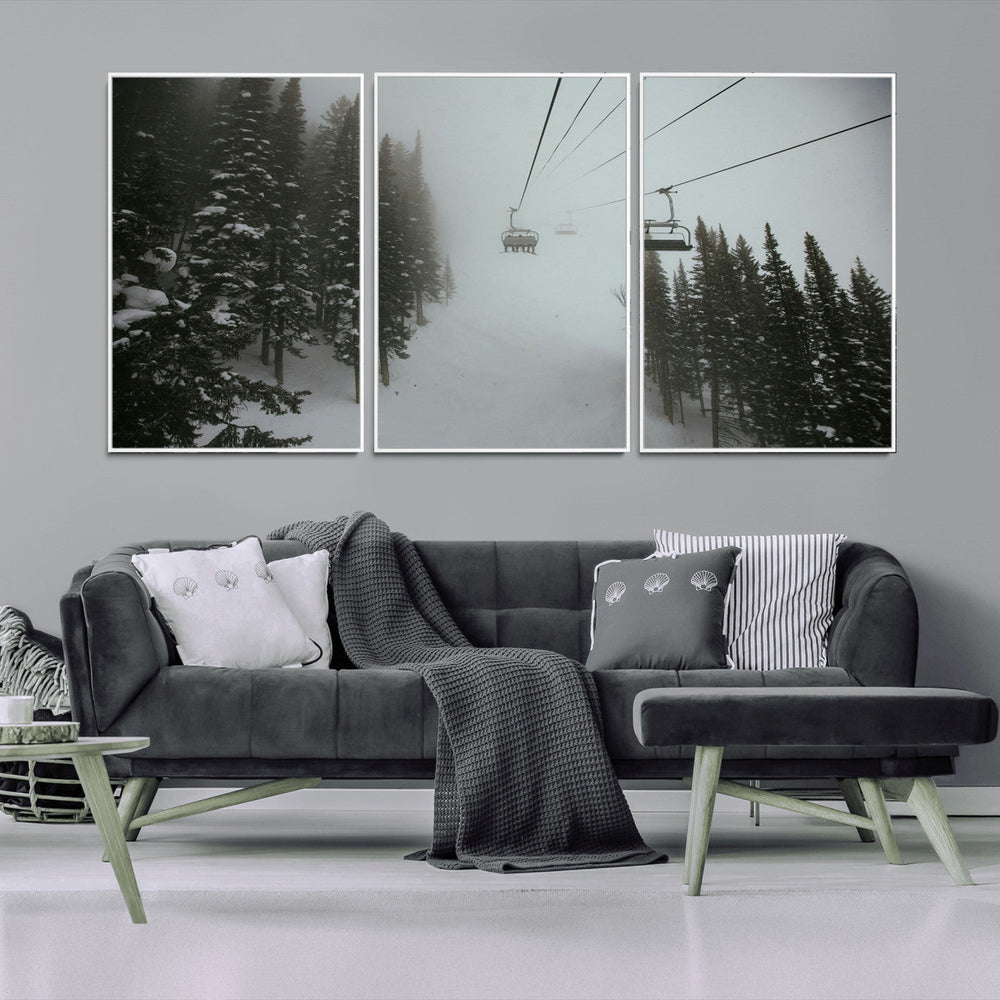 Ski Lift Wall Art Canvas Print – Snowy Pines Misty Landscape