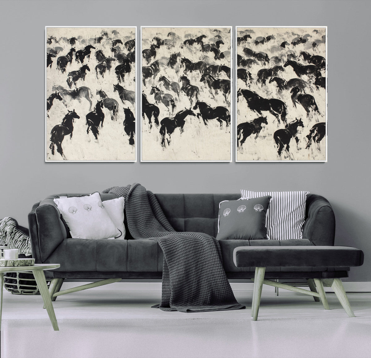 Wild Horse Stampede Wall Art Canvas Print – Monochrome