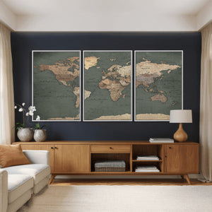 Rustic Black and Wood World Map Canvas Wall Art – Framed