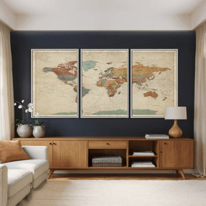 Vintage World Map Canvas Wall Art Print – Framed Modern