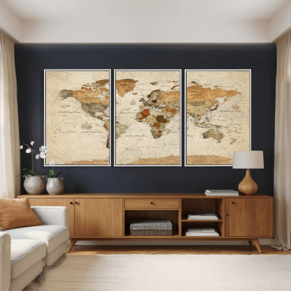 Rustic Vintage World Map Canvas Print – Framed Modern