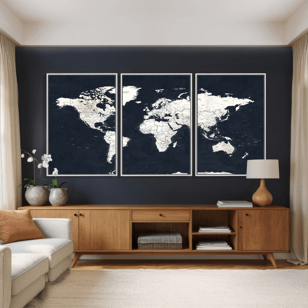 Black World Map Wall Art Canvas Print for Home Office and