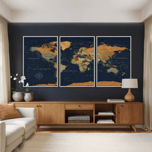 Modern World Map Canvas Print – Framed Detailed Map of the