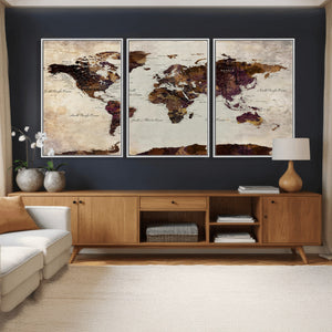 World Map Canvas Triptych – Colorful Global Wall Art for