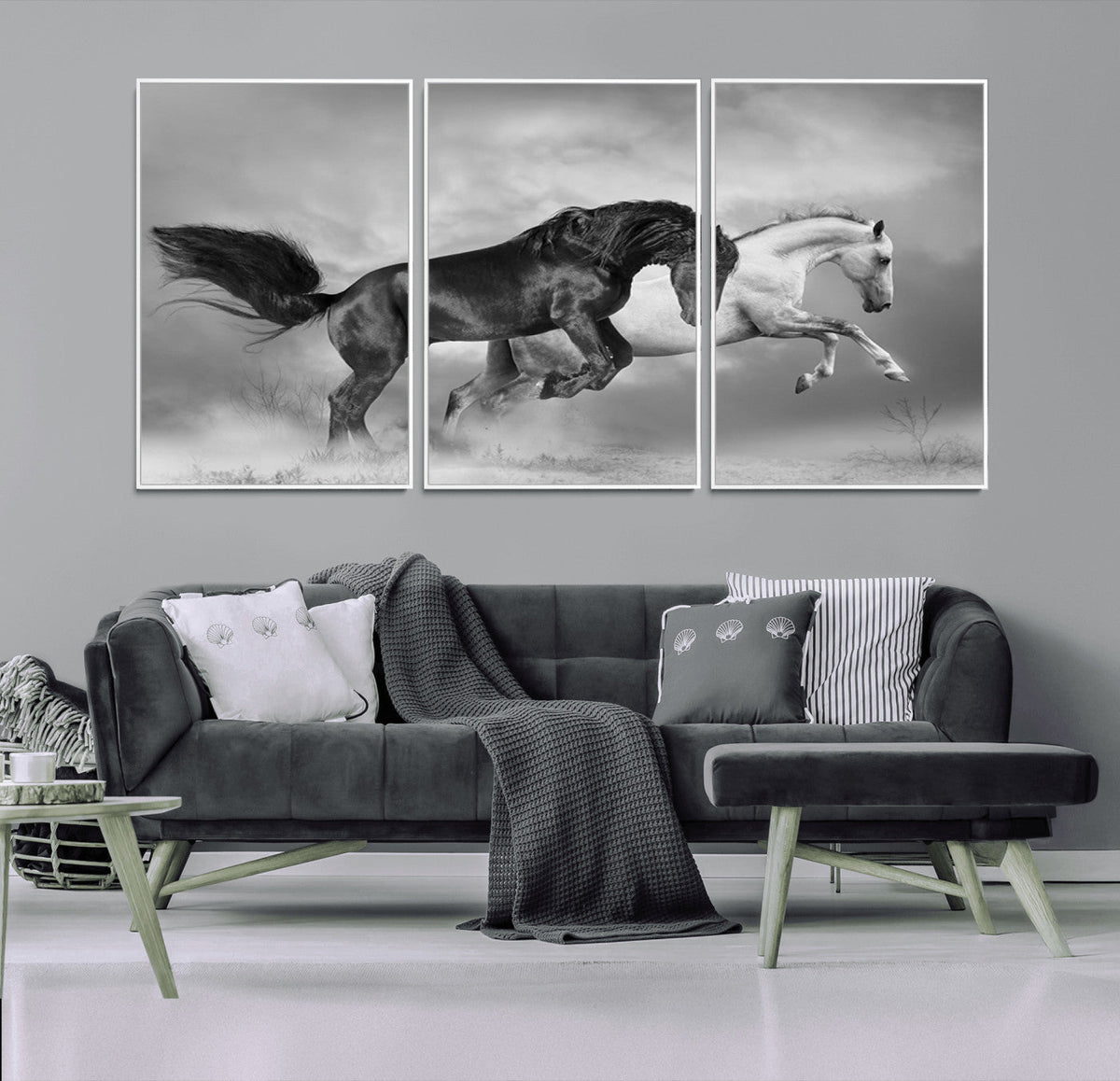 Wild Horses Wall Art Canvas Print – Framed Black and White