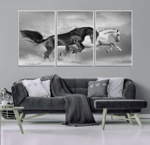 Wild Horses Wall Art Canvas Print – Framed Black and White