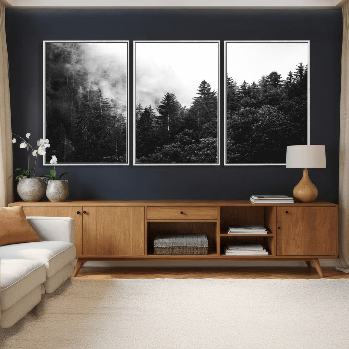 Black White Forest Wall Art Canvas Print, Misty Pine Tree