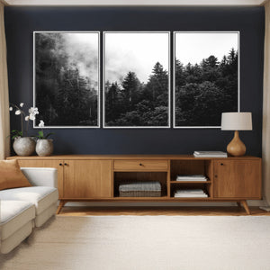 Black White Forest Wall Art Canvas Print, Misty Pine Tree