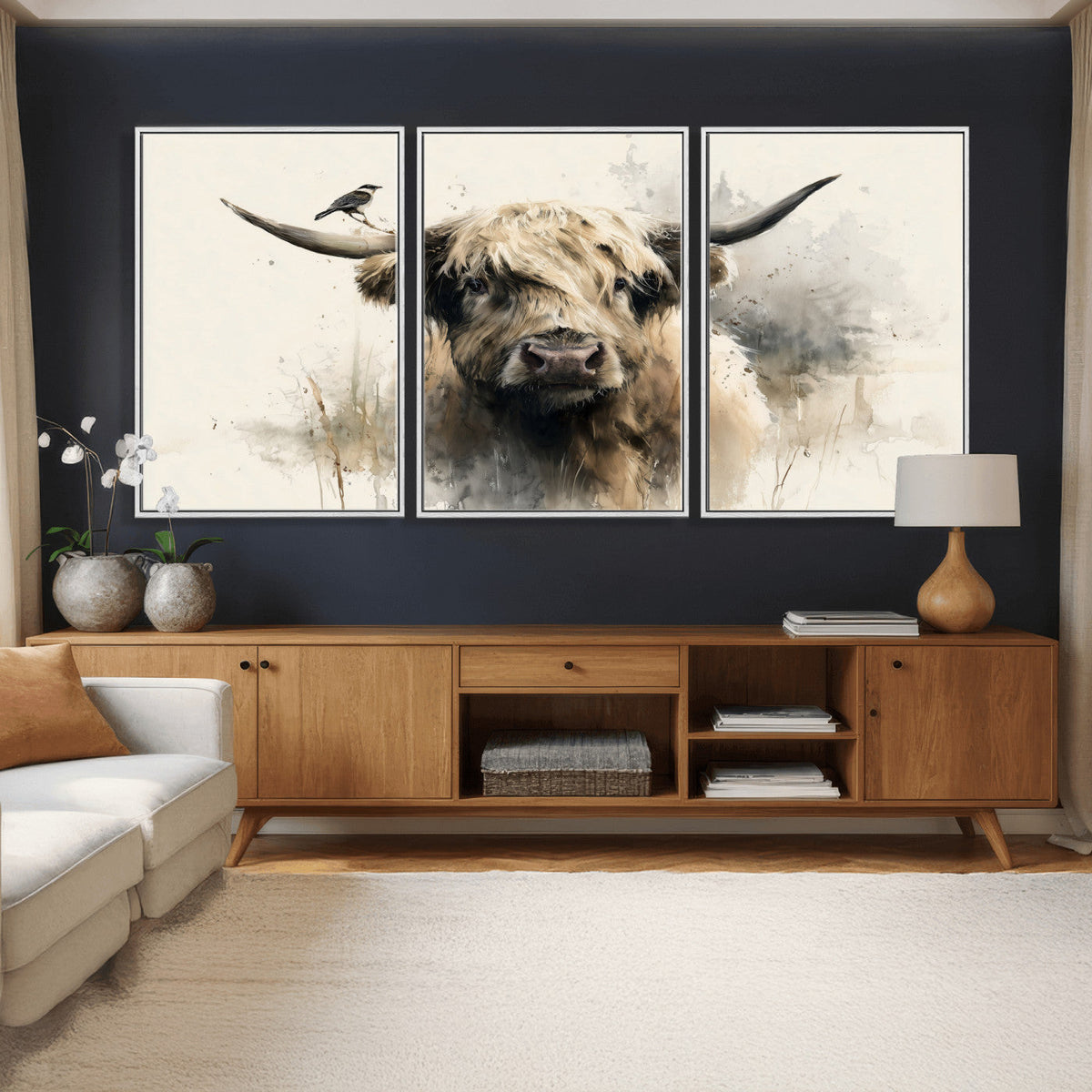 Abstract Highland Cow Wall Art Canvas Print, Rustic Farm
