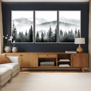 Misty Pine Forest Mountain Landscape Wall Art Canvas Print