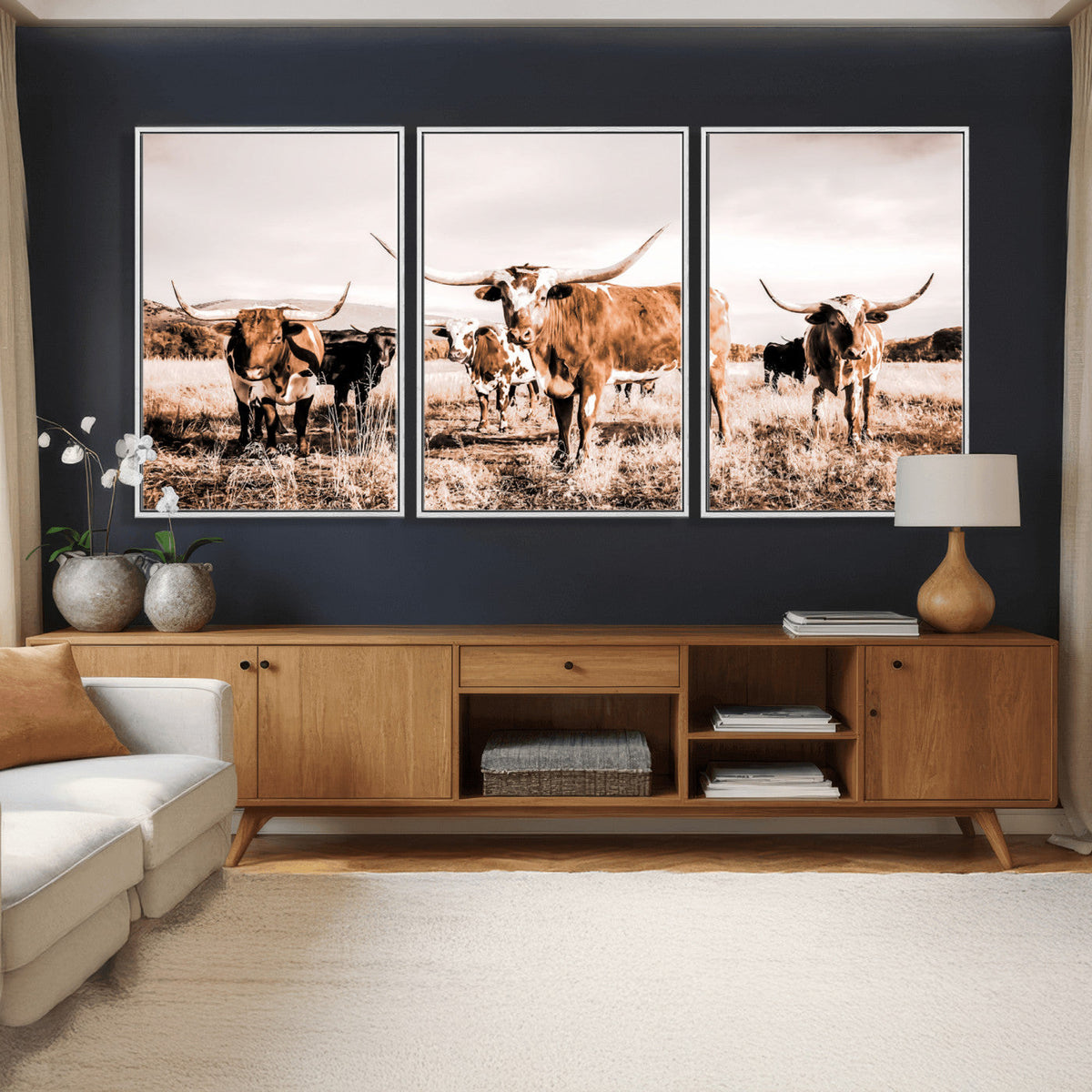 Texas Longhorn Cattle Wall Art Canvas Print, Sepia Western