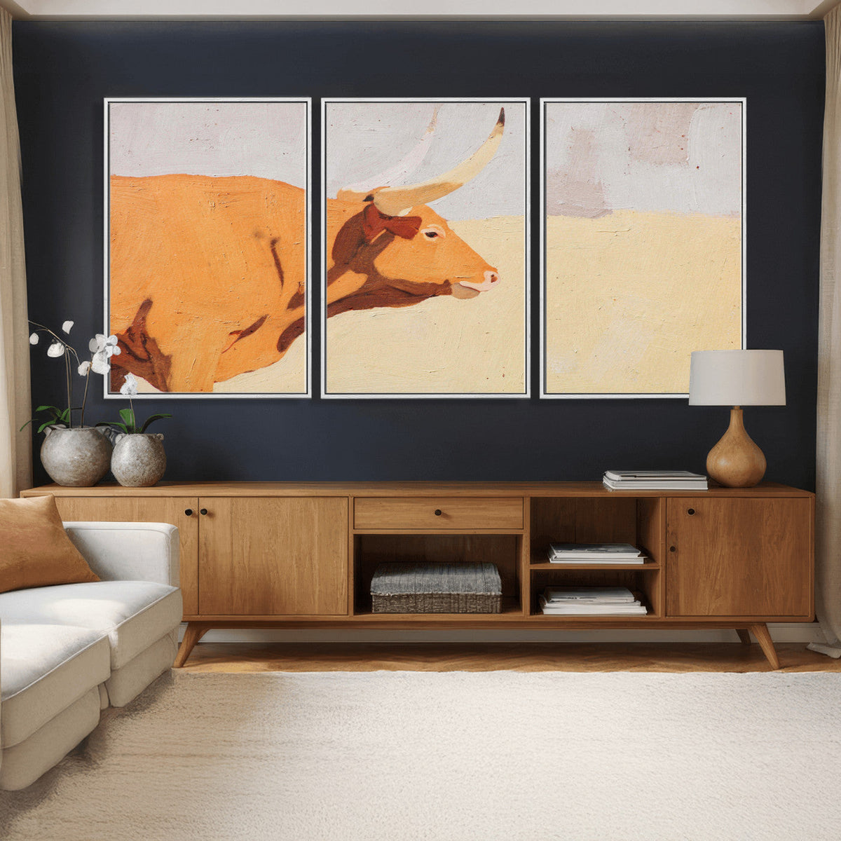 Minimal Longhorn Bull Wall Art Canvas Print, Neutral Western